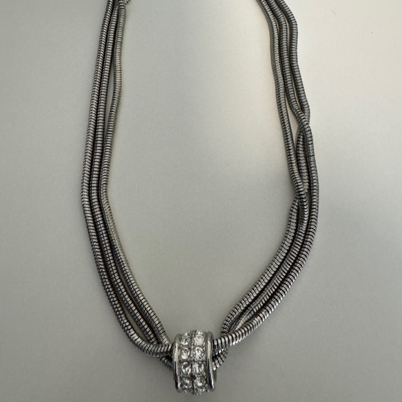 Triple Strand Snakechain Necklace with Floating Rhinestone Pendant - Picture 4 of 5